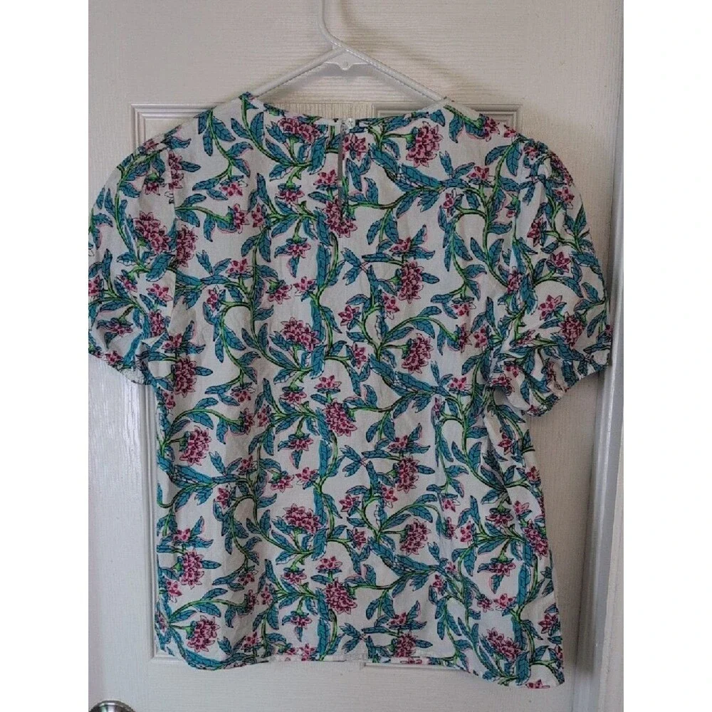 J. Crew 100% Cotton White Floral Puff-Sleeve Blouse Size PM